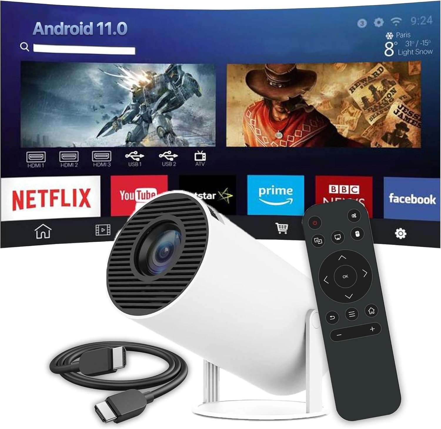 HY300 Mini Projector 4K Android 11 – WiFi Bluetooth Full HD 1080p Home Cinema KSA | جهاز عرض صغير HY300 بدقة 4K ونظام أندرويد 11 بإتصال WiFi و Bluetooth وضوح كامل 1080p للسينما المنزلية في السعودية