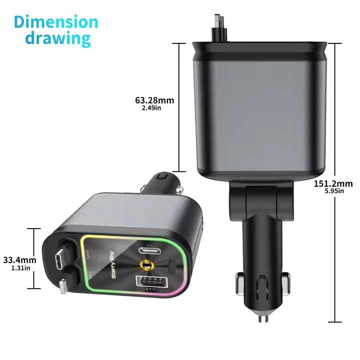 4‑in‑1 Car Charger 120 W – Retractable Cable USB & Type‑C Dual Ports Fast Charge KSA | شاحن سيارة 4 في 1 بكابل قابل للسحب وقدرة 120 واط منفذي USB وType‑C للشحن السريع في السعودية