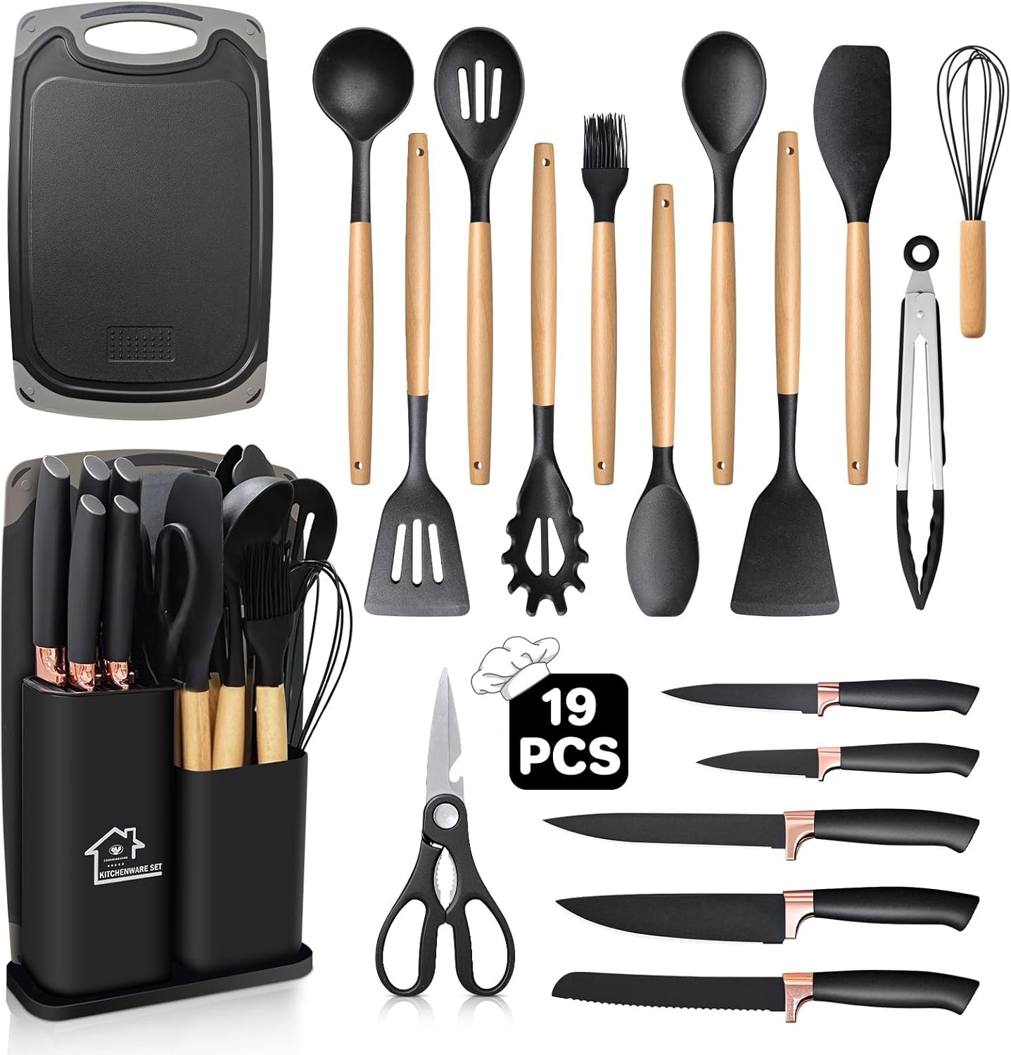 Silicone Kitchen Utensil Set 19 Pcs – Heat‑Resistant Cooking Tools with Holder KSA | طقم أدوات مطبخ سيليكون مكون من 19 قطعة مقاوم للحرارة مع حامل في السعودية