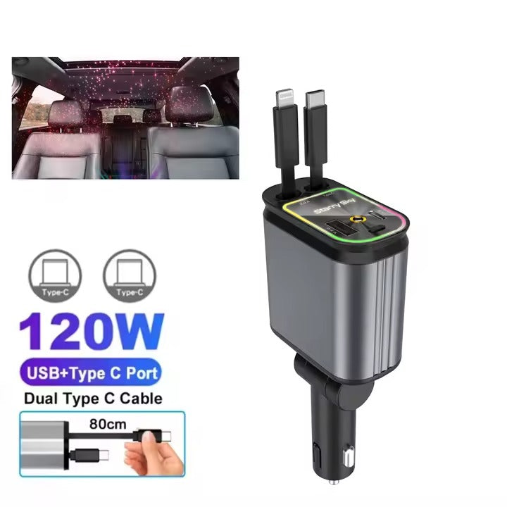 4‑in‑1 Car Charger 120 W – Retractable Cable USB & Type‑C Dual Ports Fast Charge KSA | شاحن سيارة 4 في 1 بكابل قابل للسحب وقدرة 120 واط منفذي USB وType‑C للشحن السريع في السعودية