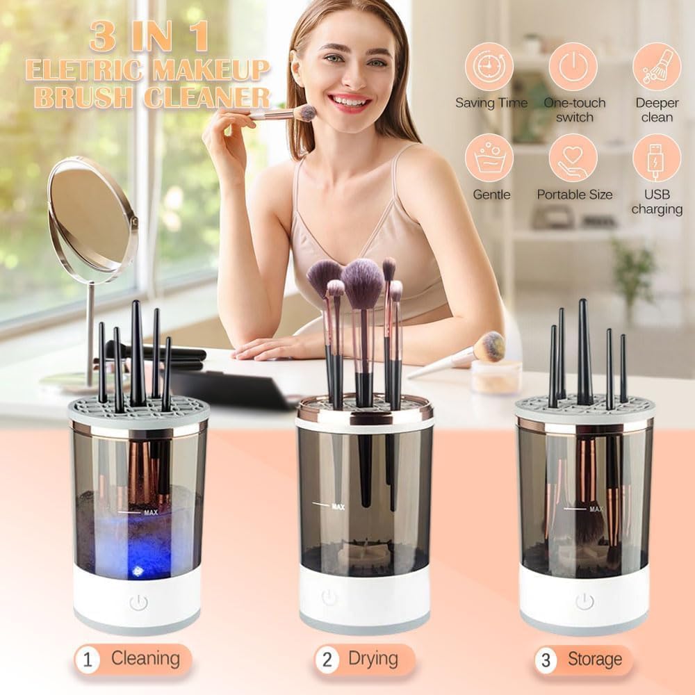 Electric Makeup Brush Cleaner 3‑in‑1 – Automatic Spinner with Cleaning Mat KSA | منظف فرش مكياج كهربائي 3 في 1 بفرشة دوارة وحصيرة تنظيف في السعودية