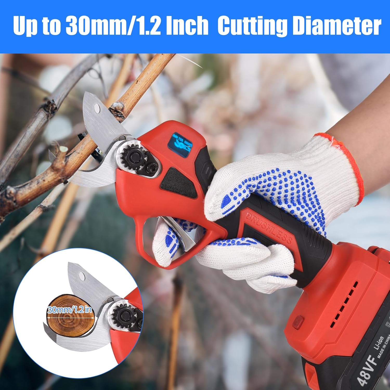 Electric Pruning Shears 48 V Cordless – 30 mm Blade with 2 Rechargeable Batteries KSA | مقص تقليم كهربائي لاسلكي 48 فولت بشفرة 30 مم ومزود ببطاريتين قابلتين للشحن في السعودية