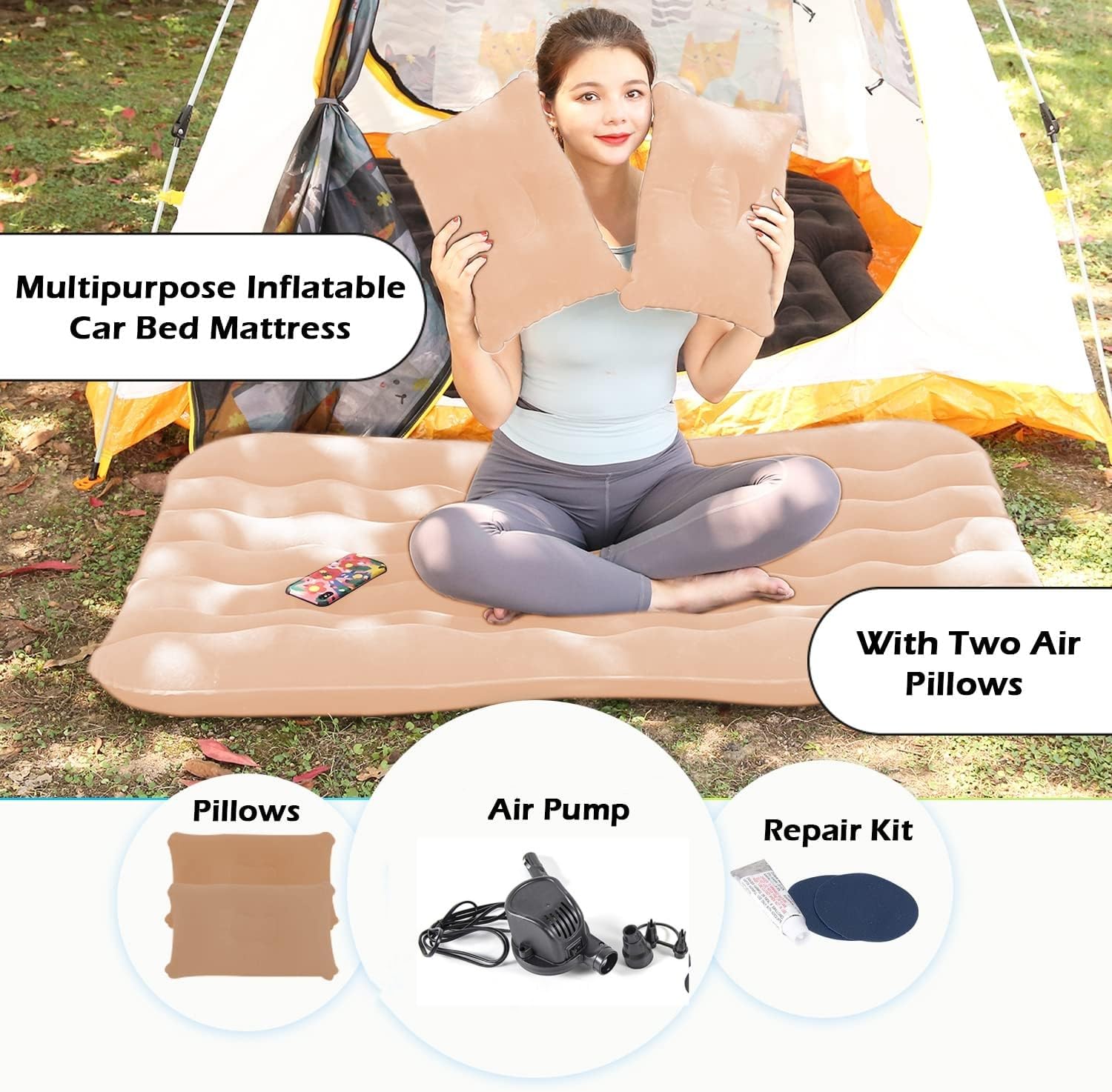 Car Inflatable Air Mattress with 2 Pillows – Beige Travel Bed for Back Seat KSA | مرتبة هوائية لل سيارة مع وسادتين باللون البيج للمقاعد الخلفية في السعودية