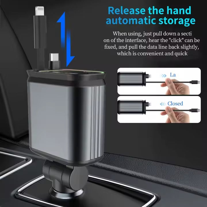 4‑in‑1 Car Charger 120 W – Retractable Cable USB & Type‑C Dual Ports Fast Charge KSA | شاحن سيارة 4 في 1 بكابل قابل للسحب وقدرة 120 واط منفذي USB وType‑C للشحن السريع في السعودية