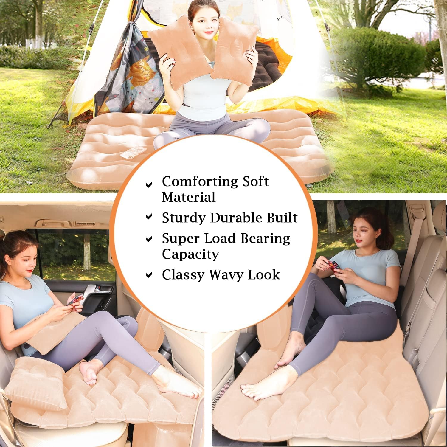 Car Inflatable Air Mattress with 2 Pillows – Beige Travel Bed for Back Seat KSA | مرتبة هوائية لل سيارة مع وسادتين باللون البيج للمقاعد الخلفية في السعودية