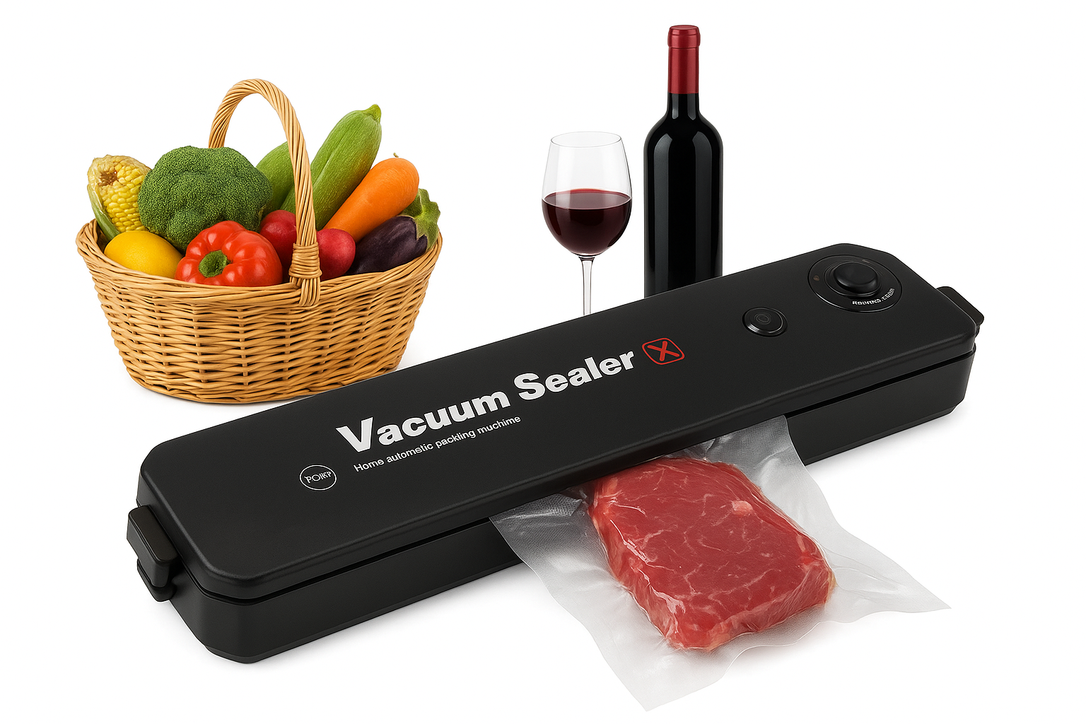 Automatic Vacuum Sealer Food Saver Machine – 10 Bags Included, Dry & Wet Modes Sous Vide Compact KSA | جهاز تغليف وتفريغ هواء أوتوماتيكي لحفظ الطعام مع 10 أكياس ووضع جاف ومبلل بتصميم مضغوط في السعودية