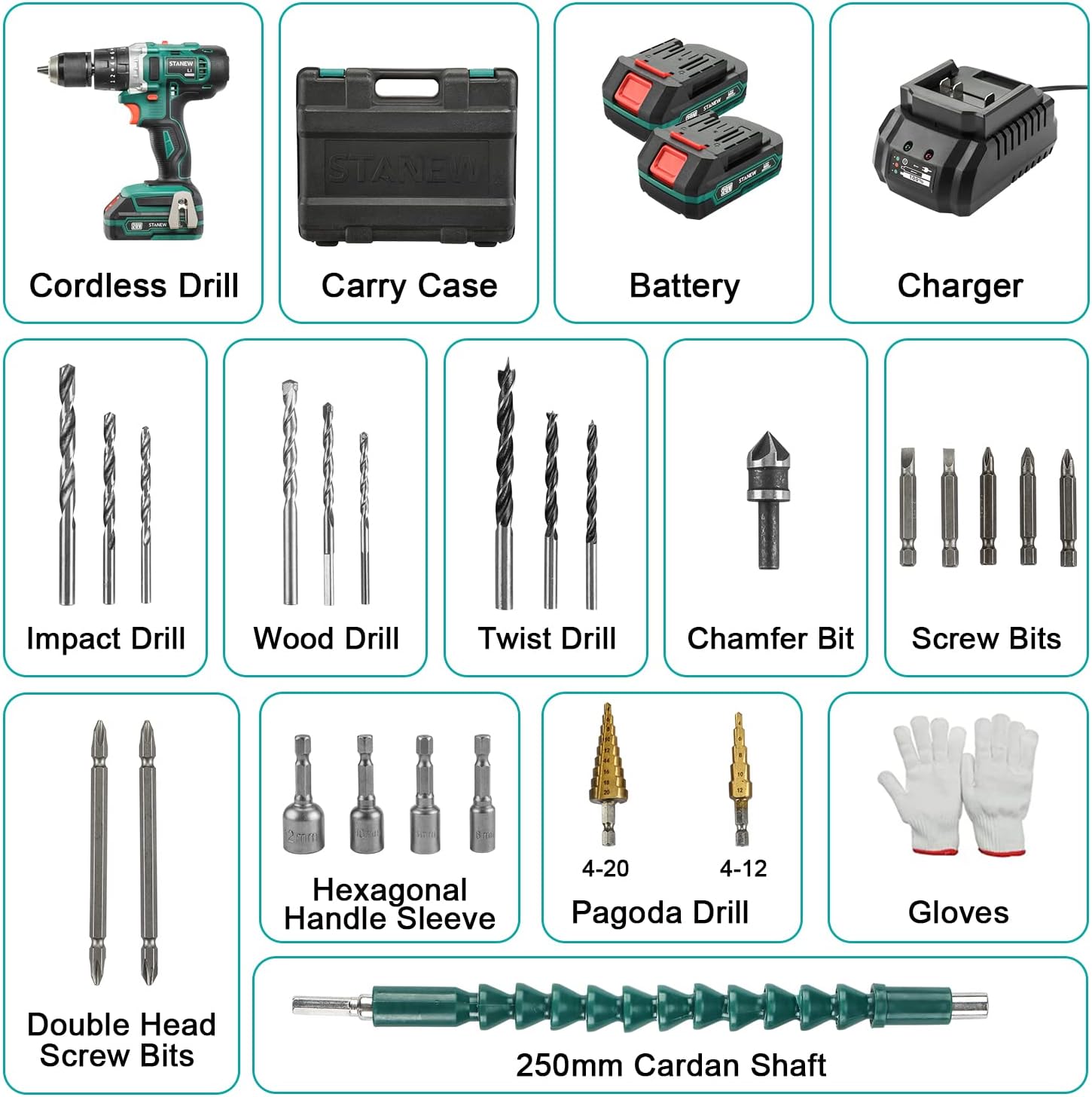 Cordless Drill Set 20 V – Hammer Driver with 24 Accessories Rechargeable Tool Kit KSA | مجموعة مثقاب لاسلكي 20 فولت بمطرقة قيادة و 24 ملحقًا قابلة للشحن في السعودية