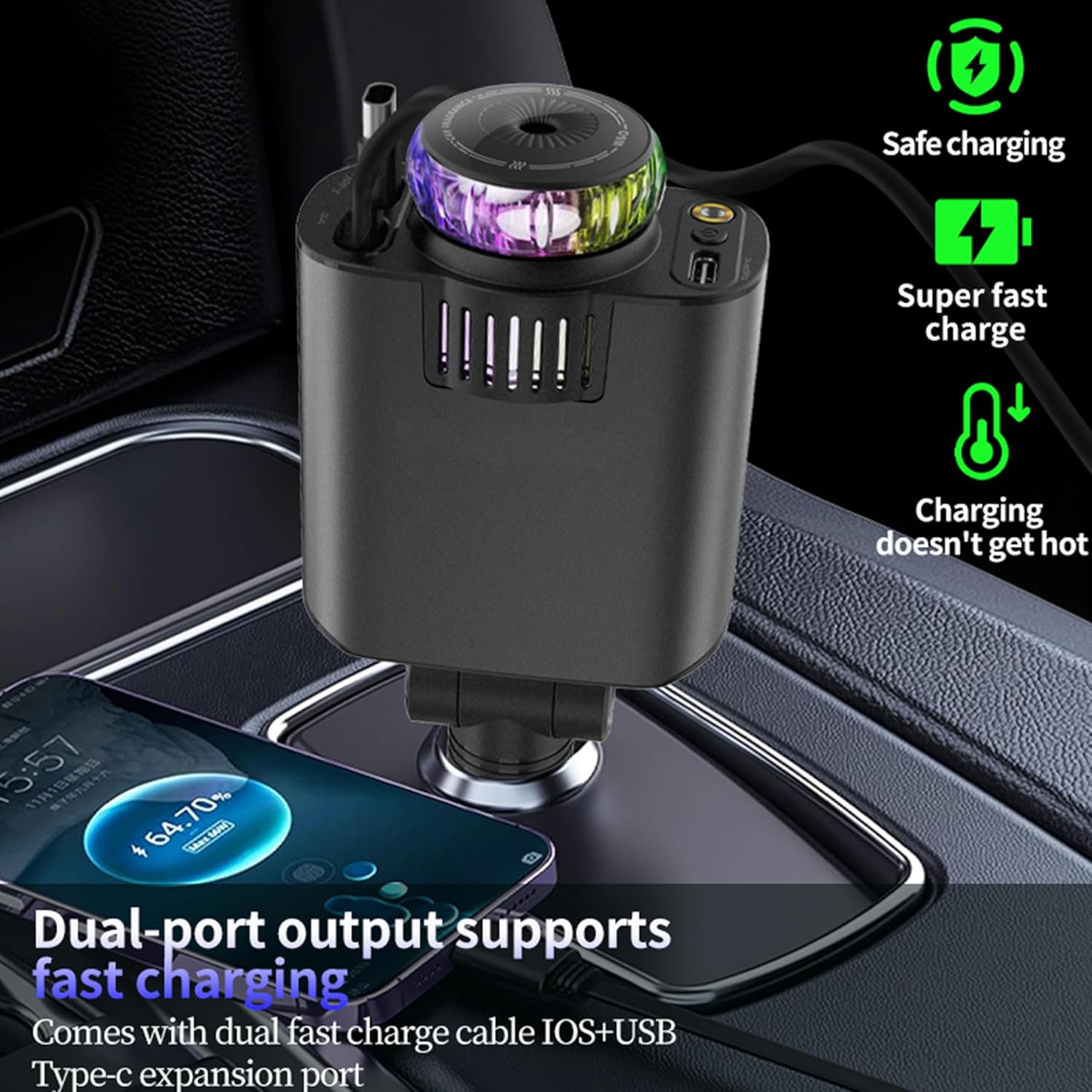 5‑in‑1 Car Charger with Air Freshener & Star Light – 45 W Fast Charging KSA | شاحن سيارة 5 في 1 مع معطر هواء وإضاءة نجوم بقدرة شحن سريع 45 واط في السعودية