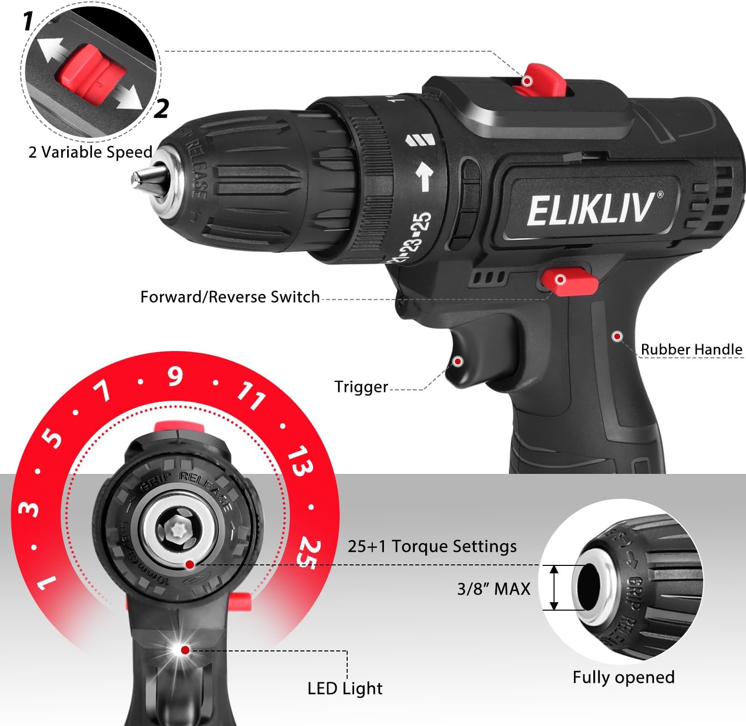 12 V Cordless Drill – 10 mm Chuck 2‑Speed with LED Work Light KSA | مثقاب لاسلكي 12 فولت بمقبض 10 مم وسرعتين ومصباح LED في السعودية