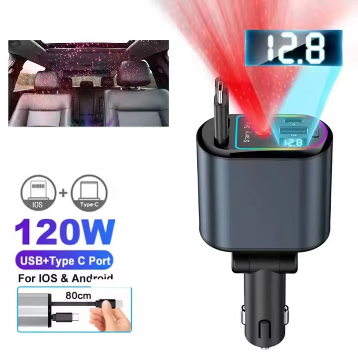 4‑in‑1 Car Charger 120 W – Retractable Cable USB & Type‑C Dual Ports Fast Charge KSA | شاحن سيارة 4 في 1 بكابل قابل للسحب وقدرة 120 واط منفذي USB وType‑C للشحن السريع في السعودية