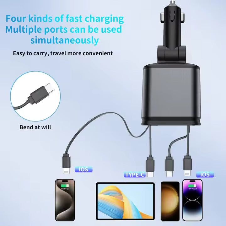 4‑in‑1 Car Charger 120 W – Retractable Cable USB & Type‑C Dual Ports Fast Charge KSA | شاحن سيارة 4 في 1 بكابل قابل للسحب وقدرة 120 واط منفذي USB وType‑C للشحن السريع في السعودية