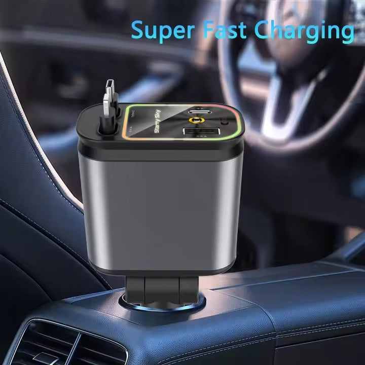 4‑in‑1 Car Charger 120 W – Retractable Cable USB & Type‑C Dual Ports Fast Charge KSA | شاحن سيارة 4 في 1 بكابل قابل للسحب وقدرة 120 واط منفذي USB وType‑C للشحن السريع في السعودية