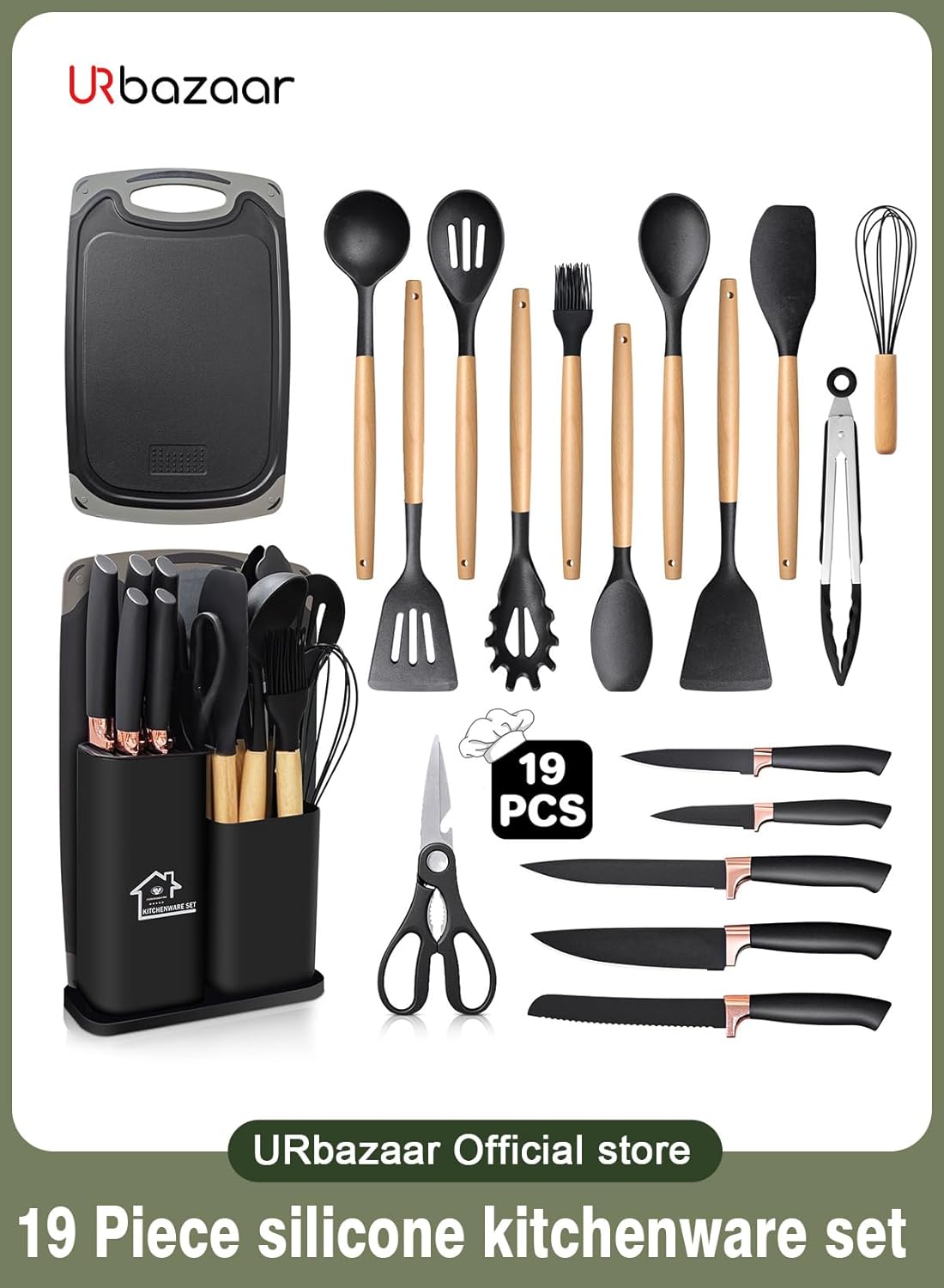 Silicone Kitchen Utensil Set 19 Pcs – Heat‑Resistant Cooking Tools with Holder KSA | طقم أدوات مطبخ سيليكون مكون من 19 قطعة مقاوم للحرارة مع حامل في السعودية