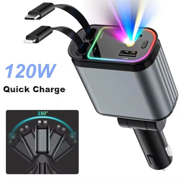 4‑in‑1 Car Charger 120 W – Retractable Cable USB & Type‑C Dual Ports Fast Charge KSA | شاحن سيارة 4 في 1 بكابل قابل للسحب وقدرة 120 واط منفذي USB وType‑C للشحن السريع في السعودية